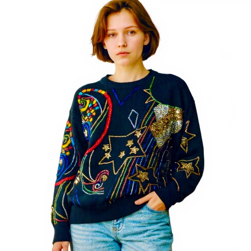 Vintage 80’s women’s Christmas Sweater Bonnie and Bill by holly. Beads sequins
